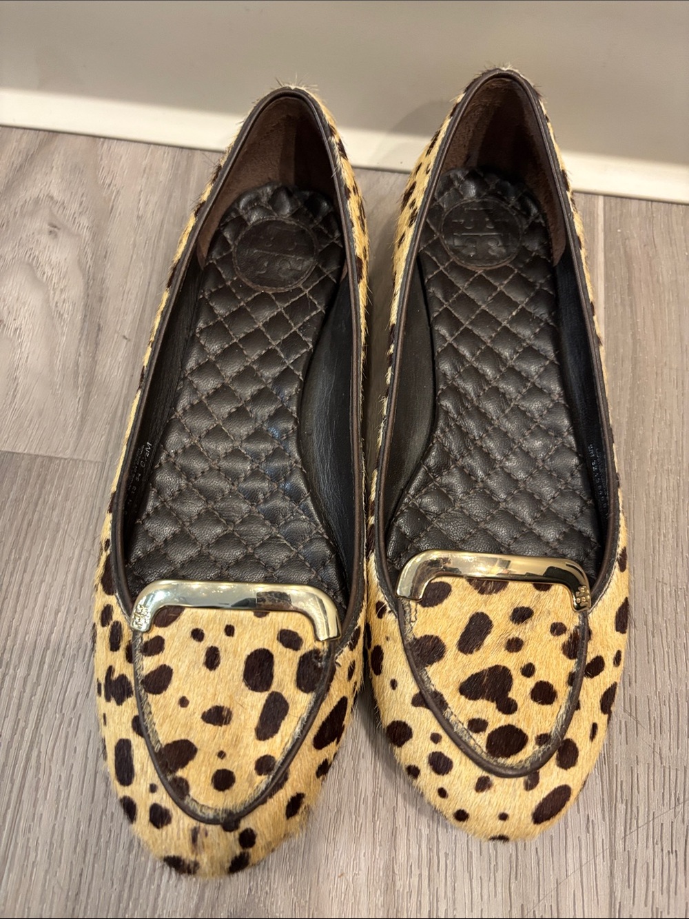 Tory Burch Leopard Print Haircalf Loafers with Gold Accent